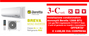 Offerta installazione condizionatore monosplit Beretta 12000 BTU con gas R32